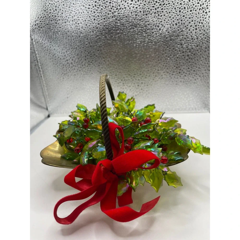 Brass Holly Berry Basket Christmas‎ Holiday Decor Red Velvet Bow Handmade India